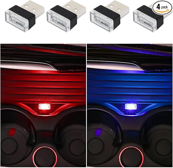 Dickno 4 PCS USB LED Car Interior Atmosphere Lamp, Portable Mini LED Night Light, Plug-in USB Interface Trunk Ambient Lighting Kit, Universal Vehicle Interior Accessories (Blue+Red)