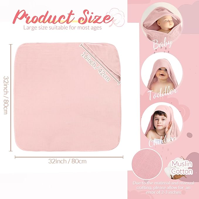 Preboun 6 Pcs Muslin Hooded Baby Towels and Washcloths 32"x 32" Cotton Newborn Bath Towel Anti-Shrink Infant Baby Blankets with Hood 12"x 12" Washcloths for Girl Boy Toddler(Ivory,Pink)