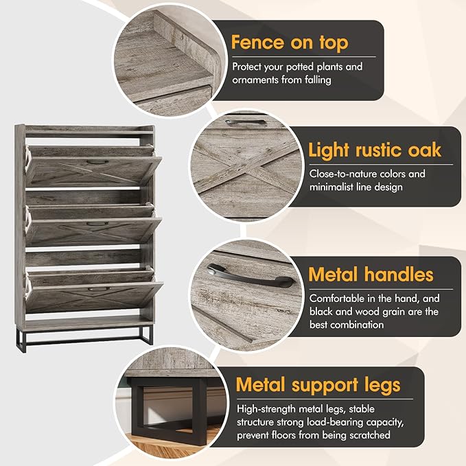 Maupvit Shoe Storage Cabinet with 3 Flip Drawers, Freestanding Organizer with Metal Legs for Entryway, Narrow Shoe Rack Cabinet, Light Rustic Oak