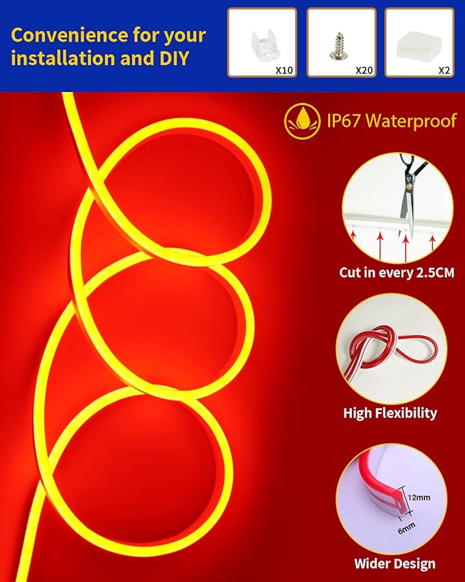 DUOFU365 RED Neon LED Strip Light, DC 12V 600 SMD2835 LED Neon Rope Lights,Upgraded 16.4ft/5m Led Light Strips Flexible Waterproof for Indoor/Outdoors Home Decoration/DIY(No Power Adapter)