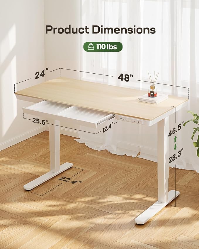 Marsail Electric Solid Standing Desk, 48 x 24 inch Standing Desk with Drawer, Sit Stand Desk with Tabletop & USB Charging Ports, Height Adjustable Desk with Storage for Home & Office Natural