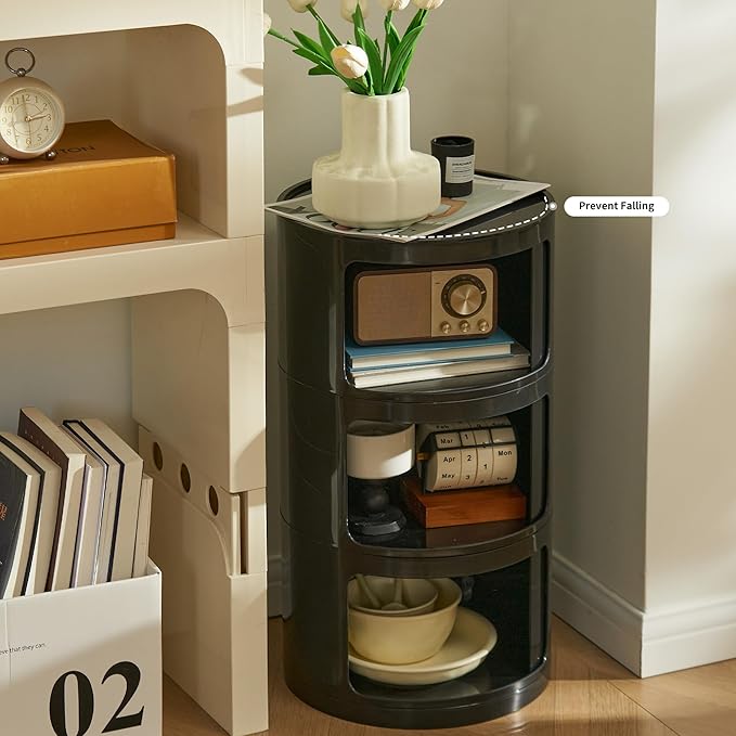 Round Nightstand with 3 Drawers, Modern Style Side Table, Multifunctional End Table Storage Cabinet for Living Room, Bedroom, Bathroom (Black)
