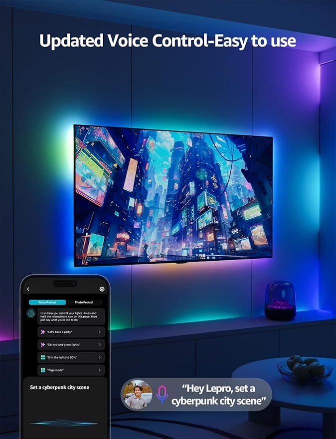Lepro S1 AI LED Strip Lights for Christmas Decorations, 32.8ft Smart RGB Light Strips with IC and Rainbow Chasing Effects, Personalized Al Lighting Designer, No Remote, 2.4GHz Wi-Fi & Bluetooth