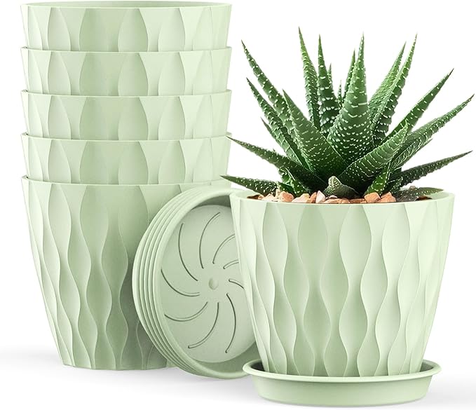4 Inch Small Pots for Plants, 6 Pack Waffle Texture Small Plant Pots for Succulents, Plastic Planter with Drainage Holes and Saucers for Indoor Outdoor Plants, Flowers, Herbs, Seedlings, Green