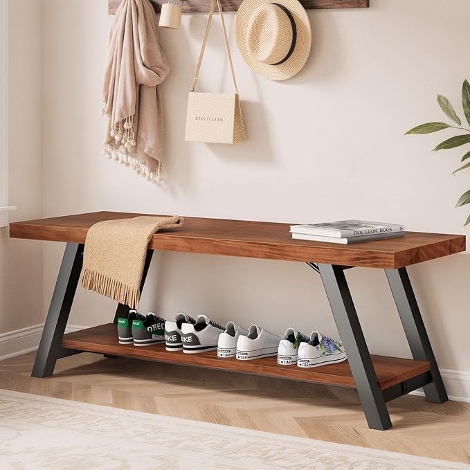 IBF Natural Real Wood Entryway Bench, Solid Wood Storage Bench, Industrial Bedroom Bench in Entry Way Hallway Foyer Rack, Modern Shoe Bench Seat for Living Bed Room Indoor, Rustic Brown, 47 Inch