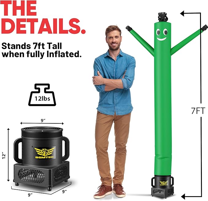 7FT Air Inflatable Waving Tube Man Set with Blower & Wheel, Air Puppet Dance Artist for Mall Opening, Amusement Park, Outdoor Decoration，Green