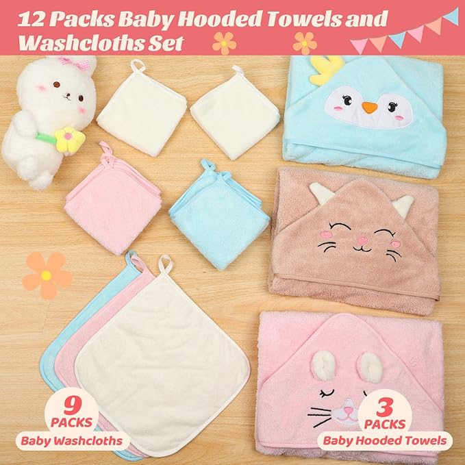 12 PCS Hooded Baby Towels, Soft Baby Towels, Absorbent Baby Bath Towels, 3 PCS Baby Towels, and 9 PCS Baby Washcloths for Newborns, Toddlers, and Kids, 32x32 in Baby Towels with Hood for Boy and Girl
