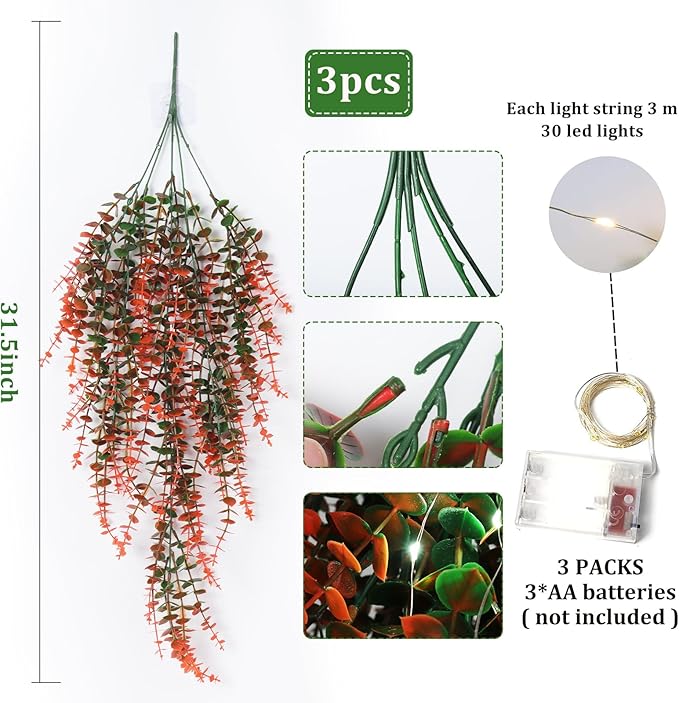 Hanging Decor Faux Plants Outdoor Artificial Hanging Plants Artificial Decor for Outdoors Plants Decor Faux Hanging Plants Fake Plants for Indoor Wall Room Backgarden Yard Front Door Decor(Orange)