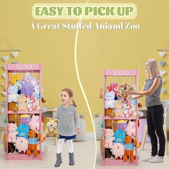 Trycooling Stuffed Animal Zoo Stuffed Animal Storage Wood Plushie Storage Stuffed Animals Zoo Storage Cage with Zoo Pattern Elastic Band for Nursery Play Room Bedroom (Pink)