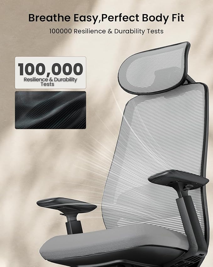 ProtoArc Ergonomic Office Chair – EC200 High-Back Mesh Computer Chair with Lumbar Support, 3D Adjustable Headrest & Sliding Seat for 8+ Hour Comfort, Big & Tall Home Office Desk Chairs - Gray