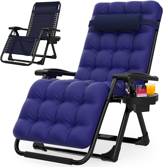 Suteck Zero Gravity Chair, Reclining Camping Lounge Chair w/Removable Cushion, Upgraded Lock and Cup Holder, Reclining Patio Chairs Folding Recliner for Indoor and Outdoor