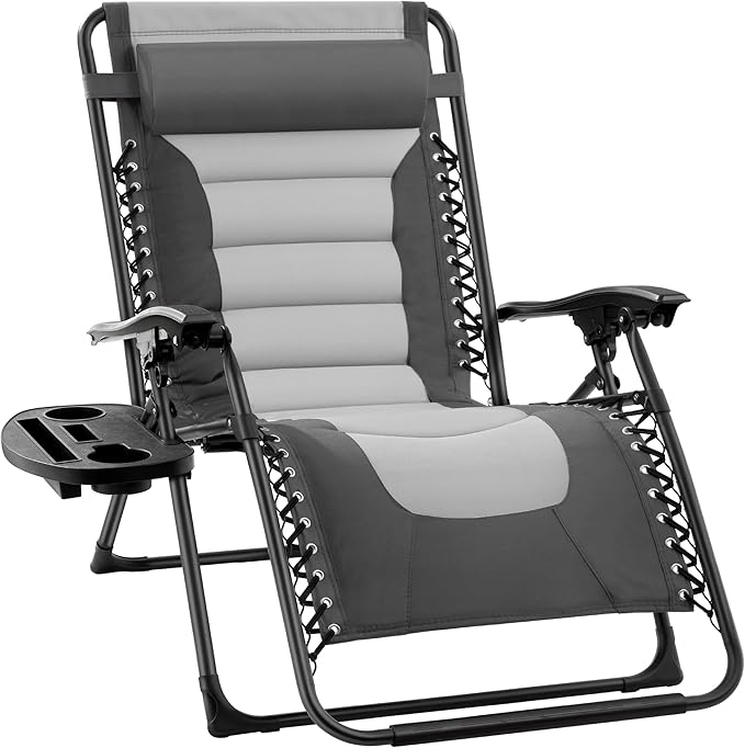 Best Choice Products Oversized Padded Zero Gravity Chair, Folding Outdoor Patio Recliner, XL Anti Gravity Lounger for Backyard w/Headrest, Cup Holder, Side Tray, Polyester Mesh - Gray/Light Gray