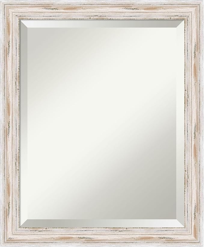 Amanti Art White Bathroom Mirror for Over Sink, 23x19 Alexandria White Wash Narrow Rectangle Vanity Mirror, Small Cottage Wood Frame, Hangs Horizonally and Vertically, Bathroom Wall Decor, Beveled