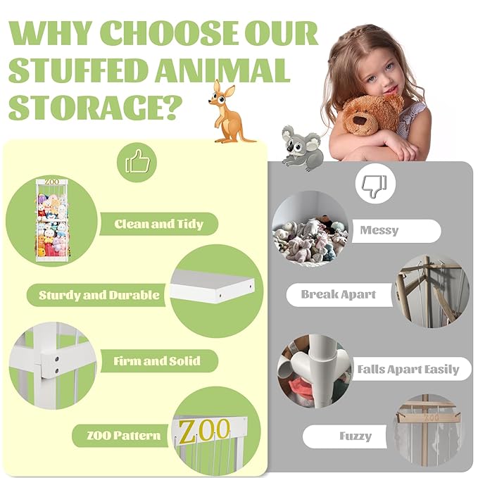Trycooling Stuffed Animal Zoo Stuffed Animal Storage Wood Plushie Storage Stuffed Animals Zoo Storage Cage with Zoo Pattern Elastic Band for Nursery Play Room Bedroom (White)