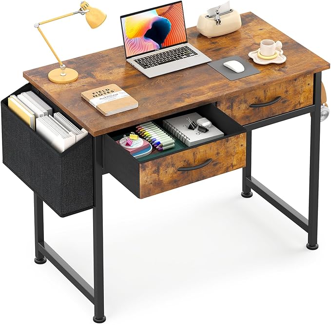 Small Desk with Fabric Drawers- for Bedroom, Vanity Desk with Storage, Home Office Computer Desk for Small Spaces, 32 Inch Modern Work Writing Study Table, Vintage