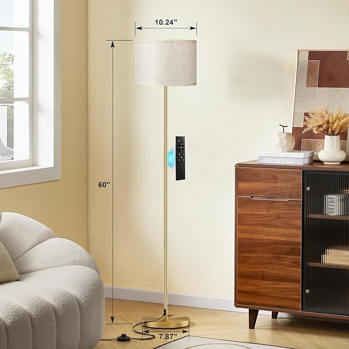 Ambimall 60'' Modern Floor Lamp with Remote, Tall Lamps for Living Room, Bedroom, Office, Dining Room, Beige Shade with Gold Pole(Included Bulb)