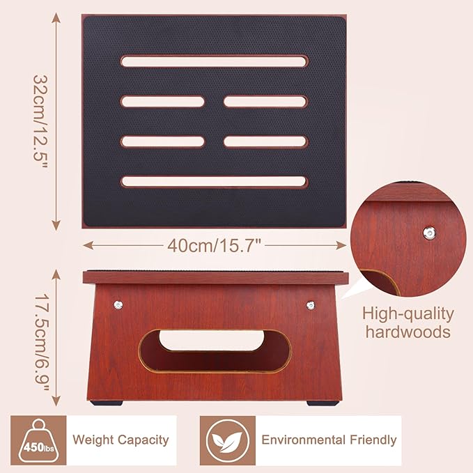 One Step Stool for Adults Seniors with Non-Slip Rubber Step Surface, 6.9" Heavy Duty Wood Stepping Stool with 450 LB Capacity Bed Steps for High Beds, Bathroom, Bedroom, Kitchen & Kids Bedside Support