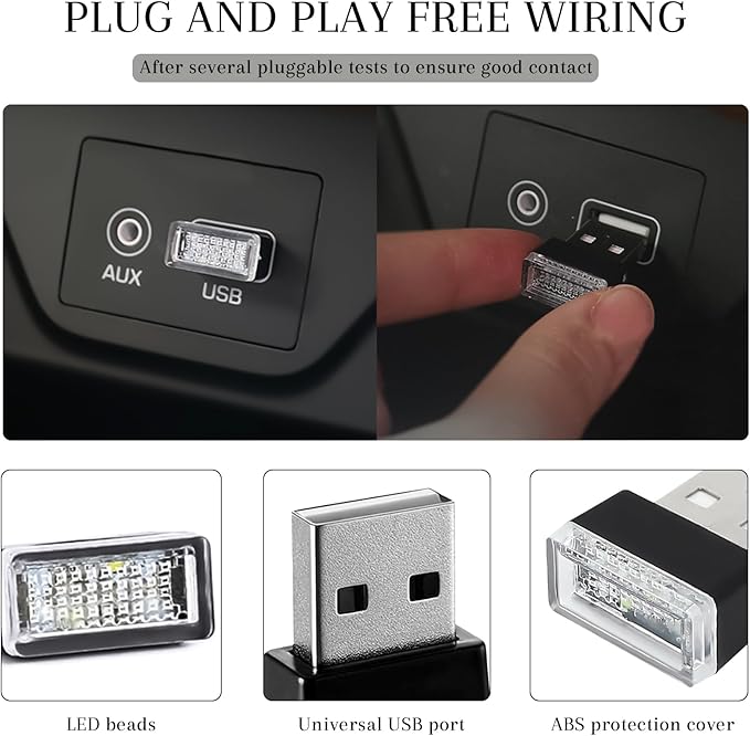 4 PCS USB LED Car Interior Atmosphere Lamp, Portable Mini Auto LED Decor Night Light, Plug-in USB Interface Ambient Lighting Kit, Universal Car Interior Accessories(White+Red)