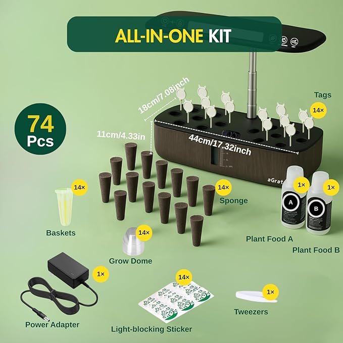 Hydroponics Growing System Kit, Indoor Herb Garden, 14 Pods Upgraded LCD Display, LED Grow Light Quiet Smart Water Pump Automatic Timer, Hydroponic Planter for Home Kitchen Office
