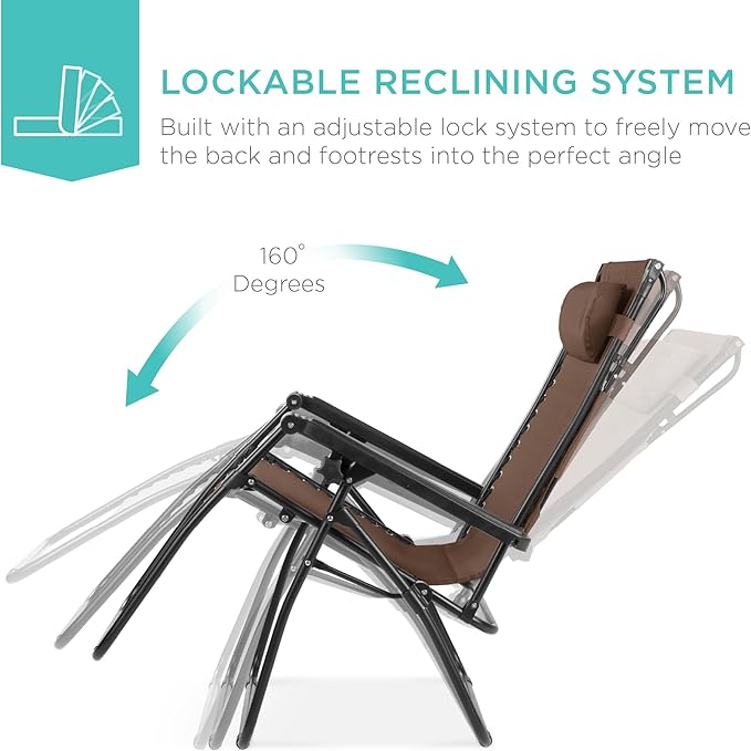 Best Choice Products Folding Zero Gravity Outdoor Recliner Patio Lounge Chair w/Adjustable Canopy Shade, Headrest, Side Accessory Tray, Textilene Mesh - Brown