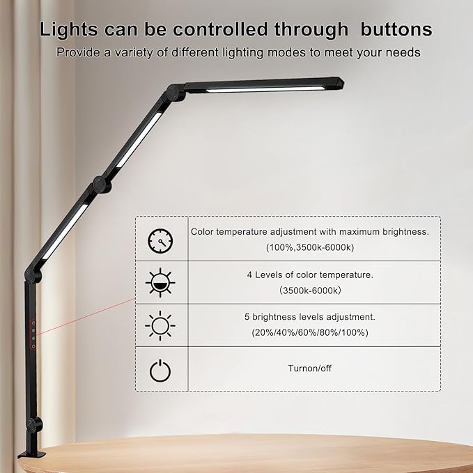 LED Desk Lamp with Clamp & Flexible Arm - 3 Light Sources, 4 Color Modes & 5 Brightness Levels, Eye-Caring Table Light with Memory Function
