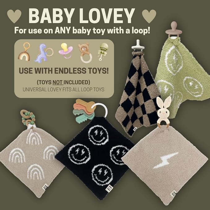 L+L USA Smiley Face Baby Lovey Pacifier/Teether Holder 10"x10" - DreamSoft Plush Fluffy Cuddly Soothie Reversible Mini Comfort Blanket Cute Newborn Gift Essential Babies Boys Girls (Sage Green/White)