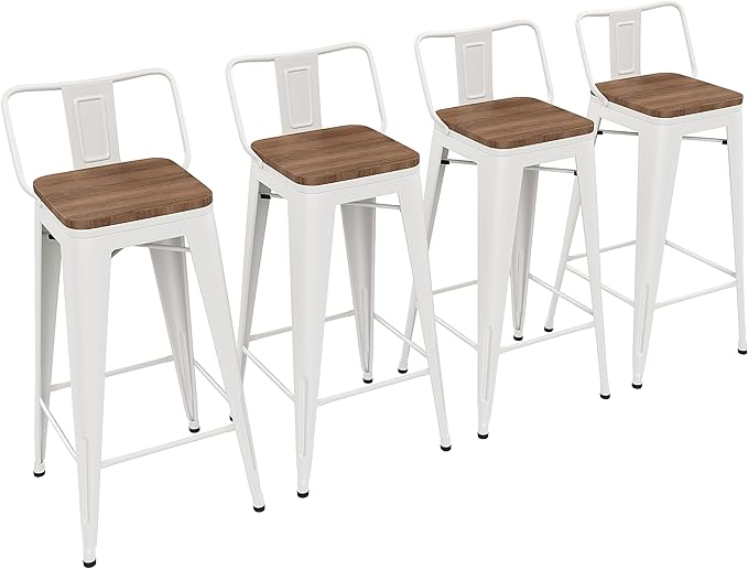 Yongchuang 30 inch Bar Stools Set of 4 Bar Height Metal Barstools with Wood Seat Low Back Kitchen Bar Chairs Cream White