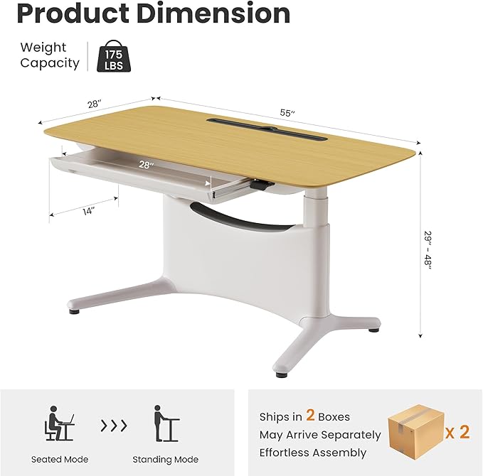 COLAMY Electric Adjustable Standing Desk – 48 x 28 Inch Sit Stand Desk with Drawer & Cable Management, Dual Motor Lift System, Ergonomic Footrest, Home Office Table (Veneer Desktop, Oak + White)