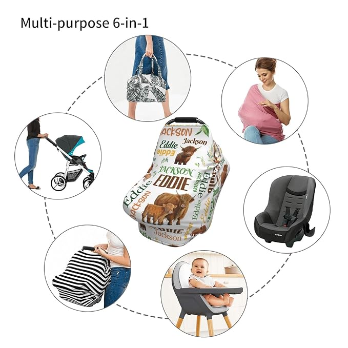 Personalized Baby Car Seat Cover for Boys Girls, Custom High Land Cow Nursing Covers for Breastfeeding with Name, Infant Stroller Cover, Baby Carseat Canopy for Newborn, Multiuse Car Seat Canopies