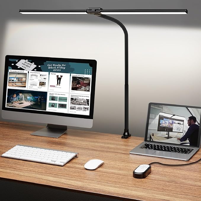 ShineTech LED Desk Lamp, 31.5" Ultra Wide Double Head Architect Light with Clamp, 50 Adjustable Lighting Modes, Eye-Caring Bright Task Lamp for Home Office, Large Monitor, Memory & Auto-Off Timer