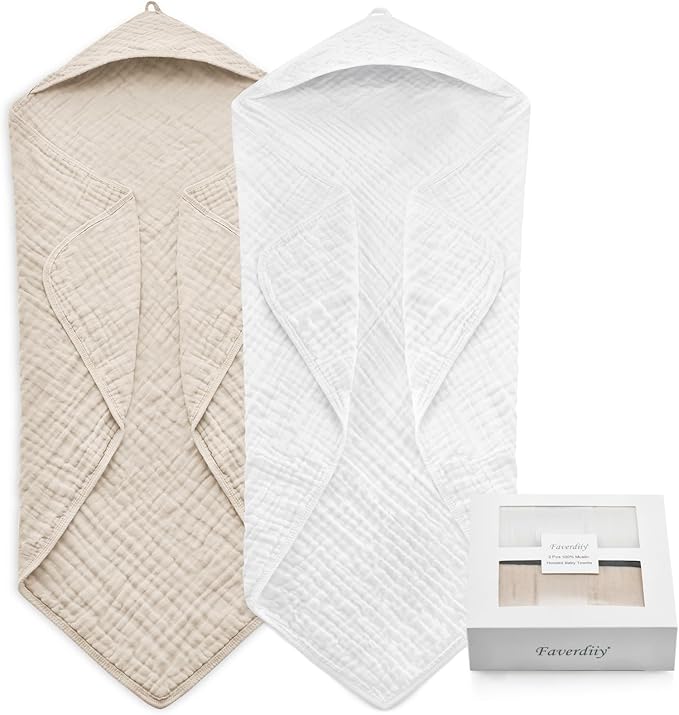Newborn Hooded Baby Towels, 35x35 Inch 2 Pack 100% Muslin Cotton Baby Bath Towel, Soft Baby Beach Towels with Hood for Infants, Toddlers and Kids, (White + Beige)