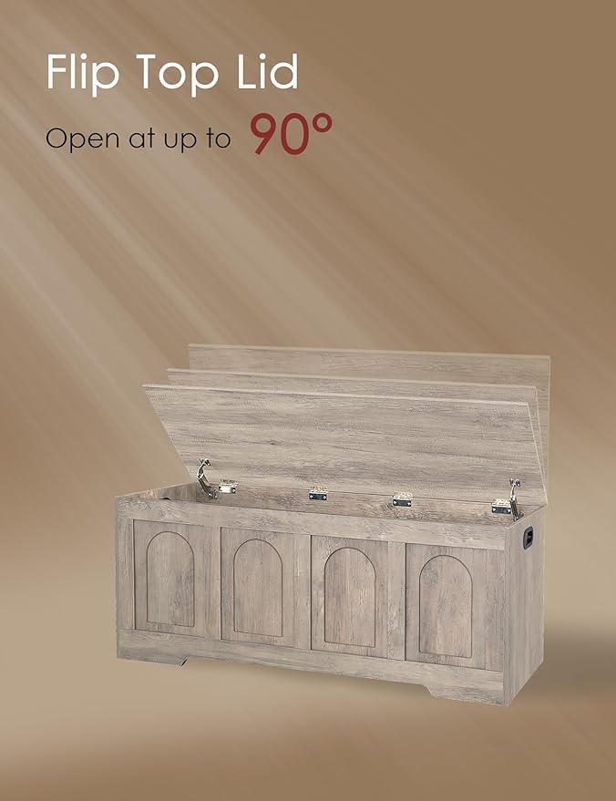 DINZI LVJ Storage Chest, 47.2”Wooden Storage Box with 2 Safety Hinges, Entryway Storage Bench with Flip-Top, Large Trunk for Living Room, Bedroom, Easy Assembly, Greige