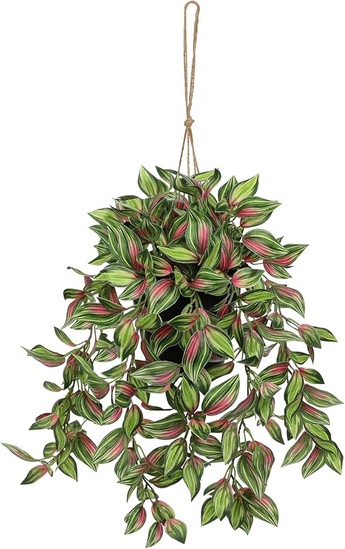Briful Artificial Hanging Plants in Black Pot 17.7" Lifelike Trailing Faux Watermelon Peperomia Silk Plant with Cascading Greenery Fake Hanging Greenery for Indoor & Outdoor Home Garden Décor