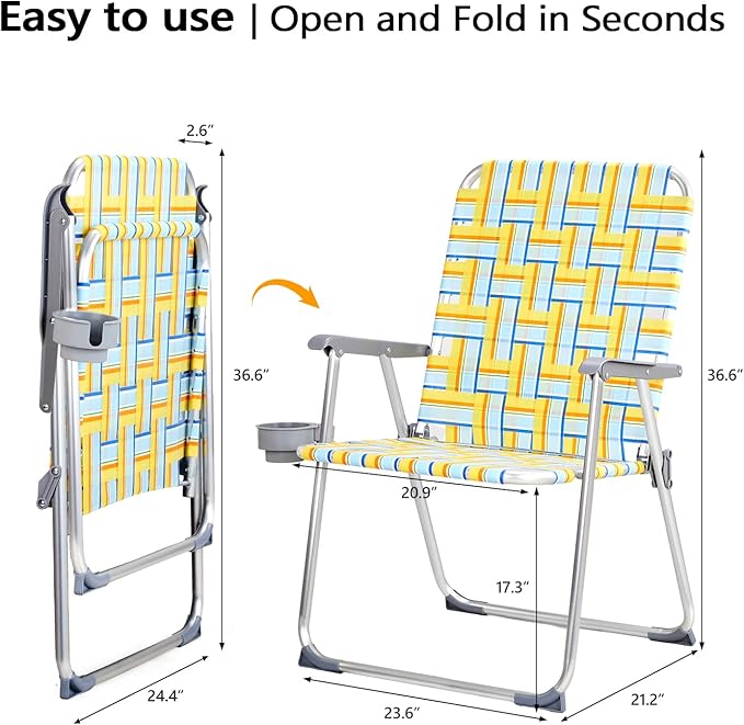 VINGLI Aluminum Oversize Patio Lawn Chairs Folding Set of 2 with Detachable Cup Holder, Webbed Beach Chair Folding Chair Outdoor Portable Camping Chair for Yard, Garden
