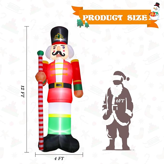 Bshine Giant Christmas Inflatable Outdoor Decorations, 12FT Nutcracker Soldier Christmas Blower Up with Lighted Holiday Large Yard Inflatables Decorations for Xmas Home Garden Lawn Decorations