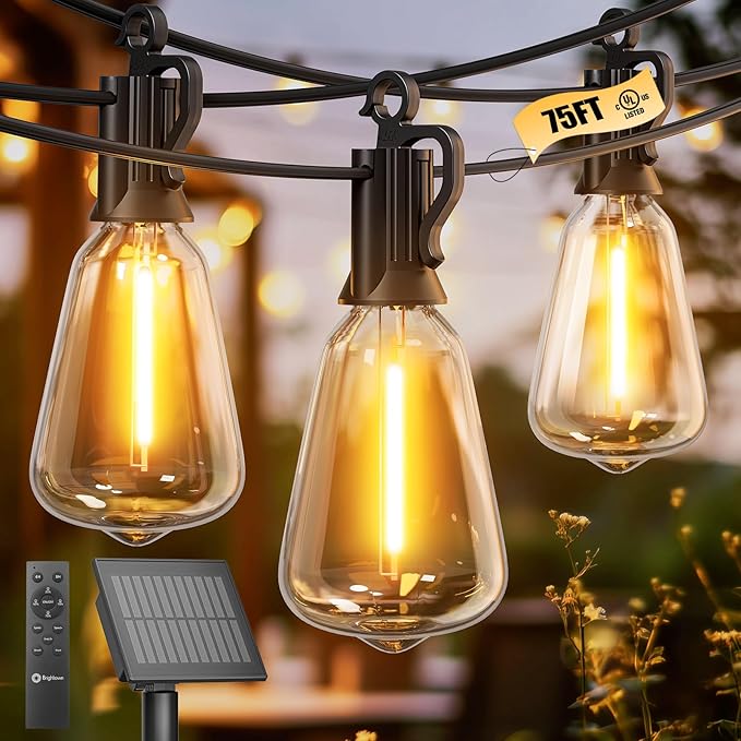 Brightown 75FT Solar String Lights Outdoor Waterproof with Remote, 35+1 LED Shatterproof Bulbs, Dimmable & Timable, 3 Light Modes - Commercial Grade Patio Lights for Garden Backyard Party Decor