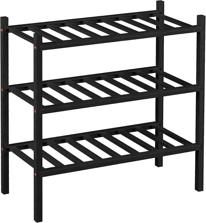 3-Tier Bamboo Small Shoe Rack, Free Standing Wood Shoe Shelf Storage Organizer for Closet Entryway Stackable (Black)