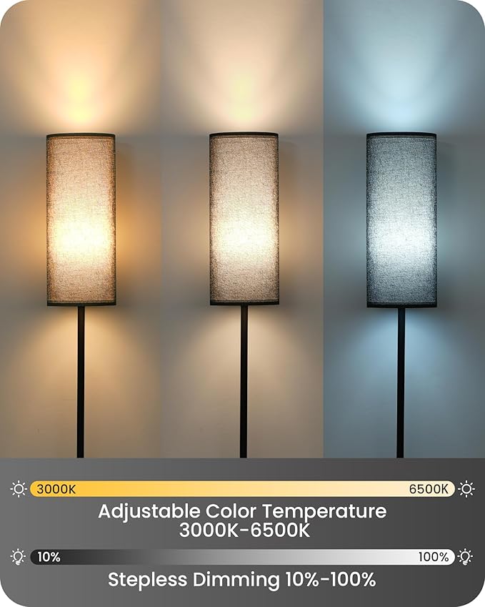 Dimmable Black Floor Lamp for Living Room with Remote and Foot Switch, Corner Floor Lamp for Bedroom, Modern Standing Tall Lamp, 10W 900LM Bulb Included, 3000K-6500K, Linen Shade, FCC Listed B06LD05W1