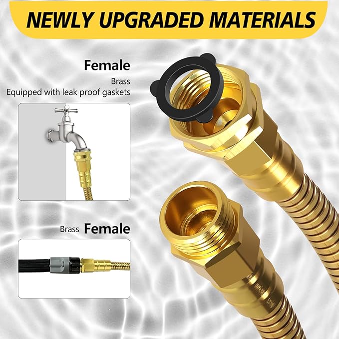 Short Metal Garden Hose 3 ft – 304 Stainless Steel Water Hose Leader, Flexible Hose Extension, Small Lightweight Hose Extender,No Kink Outdoor Hose (Gold,3 ft)