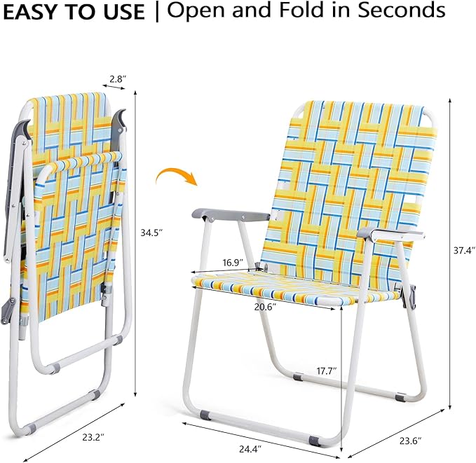 VINGLI Patio Lawn Webbed Folding Chairs Outdoor Beach Portable Camping Chair for Yard, Garden (2, Yellow, Oversized)
