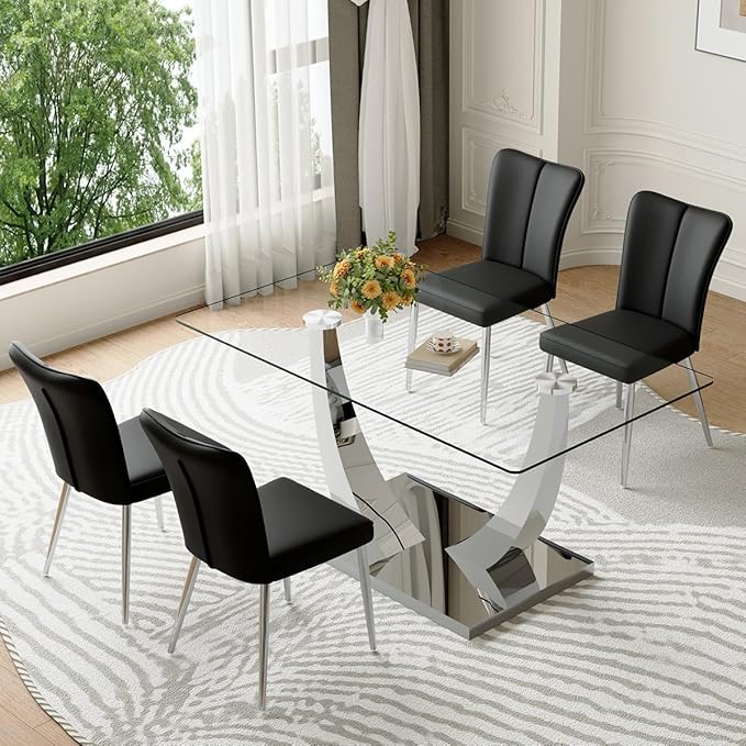 Glass Dining Table Set for 4,Dining Room Table Set for 4,Kitchen Table Set with 4 PU Leather Chairs,63'' Glass Dining Table Set with Silver U-Shaped Table Legs and Rectangular Base