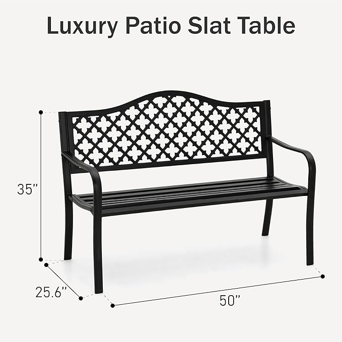 PHI VILLA 50" Outdoor Garden Patio Metal Bench for Outdoors with Plastic Backrest Armrests Sturdy Steel Frame, Black