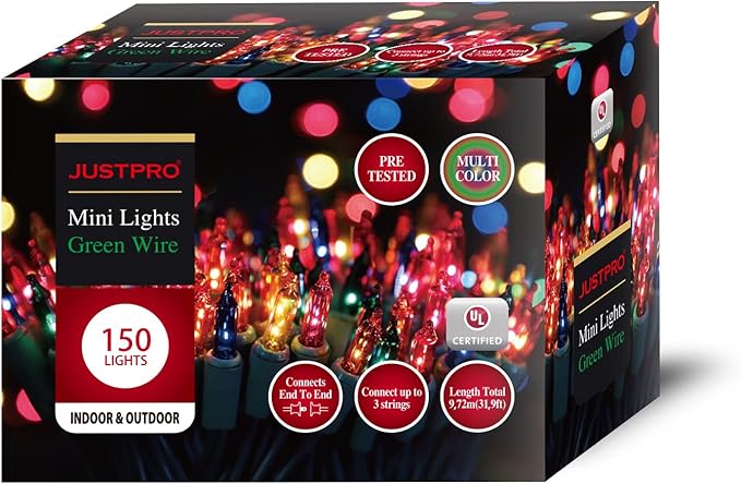 150LIGHTS Multi Extra-Bright with End Connectors Christmas Decorative Lights 9.72m UL Certified Mini String Light Set Waterproof for Home Garden Holiday Christmas Tree Party Patio Wedding