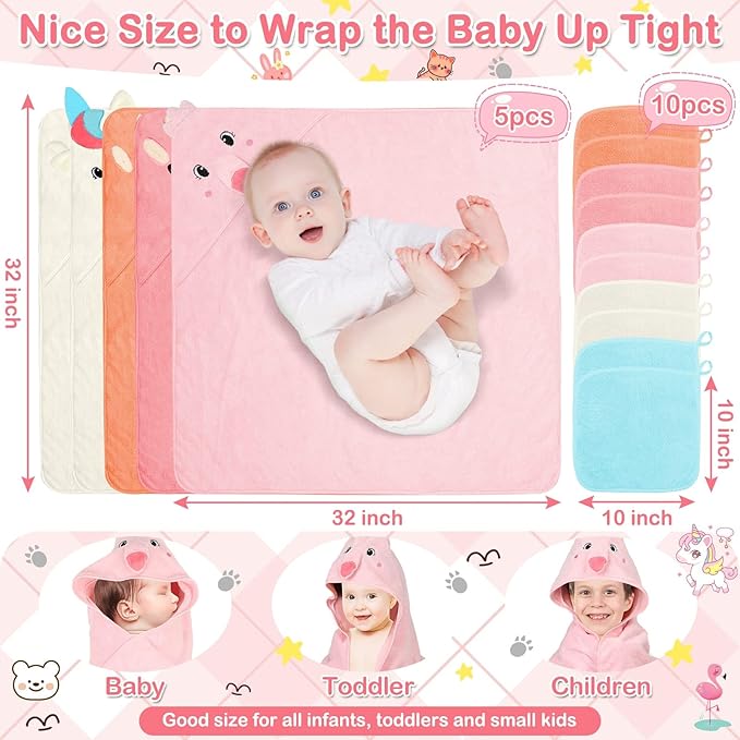 15 Pcs Baby Hooded Baby Towel, Hooded Baby Bath, 5 x Cute Baby Towels and 10 x Baby WashCloth Sets- Perfect Shower Gift for Boys or Girls, Absorbent, Soft, Comforting for Newborn, Infant and Toddler
