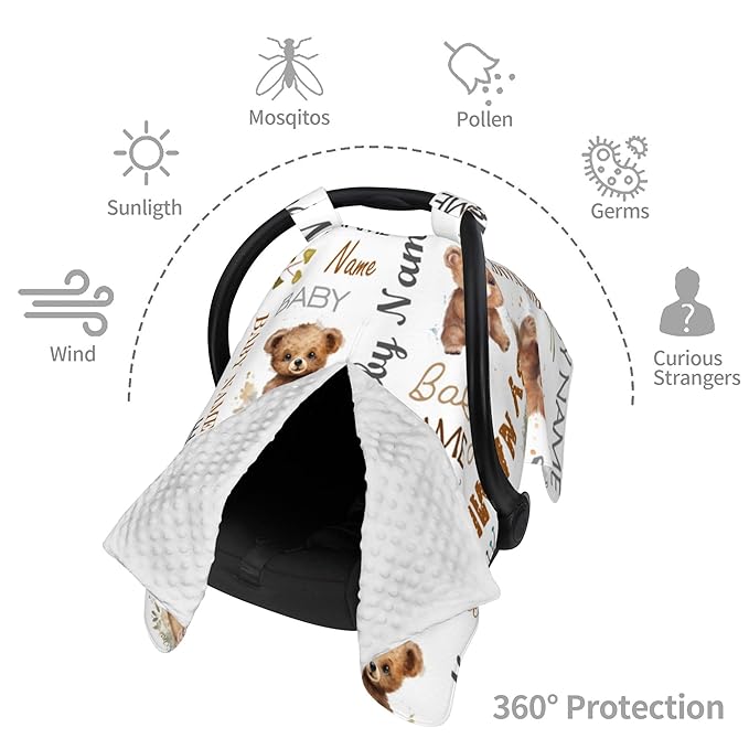 Personalized Baby Car Seat Cover Winter Custom Minky Carseat Cover Boy Girls with Name Bear Carseat Canopy Customized Car Seat Canopy Infant Carrier Covers Nursing Cover Toddler Blanket