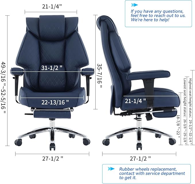 Big and Tall Office Chair with Footrest, PU Leather High Back Executive Office Chair 400lbs, Ergonomic Computer Chairs Lumbar Support for Heavy People (Blue)