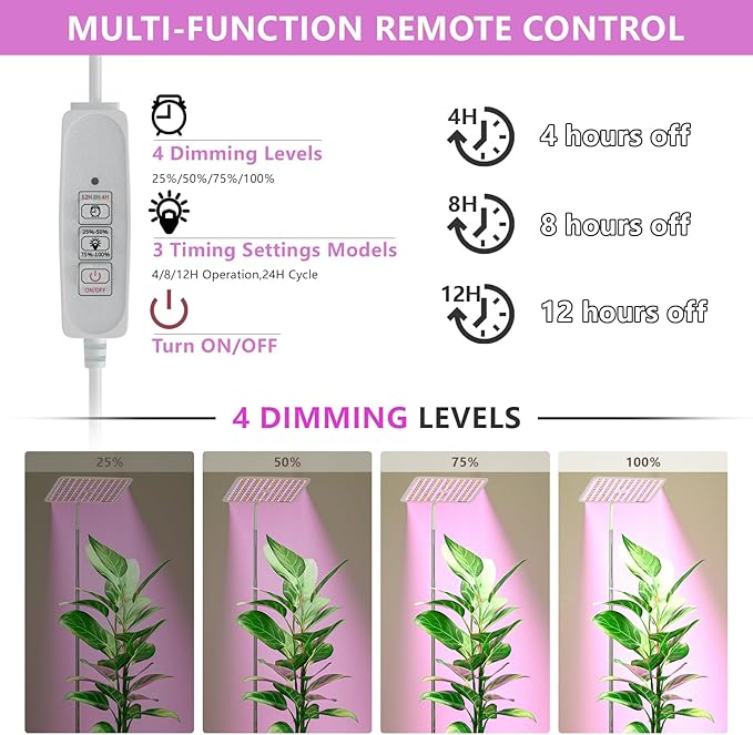 BESTVA 36W Grow Lights with Stand, Full Spectrum LED Plant Light, 12-59 Inch Height Adjustable Growing Lamp with Auto On/Off Timer 4H/8H/12H, 4 Dimmable Brightness