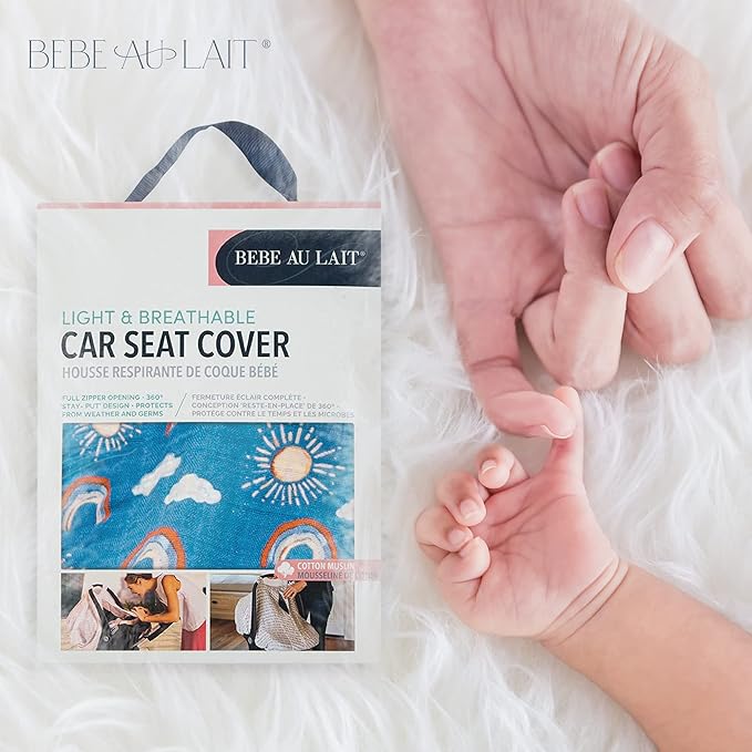 Bebe au Lait Classic Muslin Car Seat Cover -Perfect Baby Car Seat Covers for Babies, Car Seat Canopy, Unisex Baby Car Seat Cover- Easy Snap Straps, Fully Zippered Opening, Breathable- Hello Sunshine