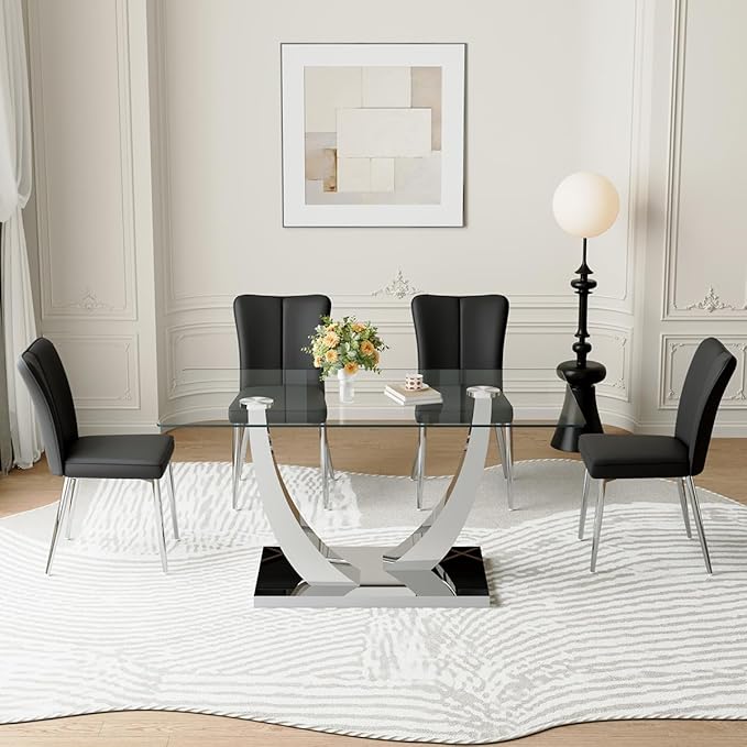 Glass Dining Table Set for 4,Dining Room Table Set for 4,Kitchen Table Set with 4 PU Leather Chairs,63'' Glass Dining Table Set with Silver U-Shaped Table Legs and Rectangular Base