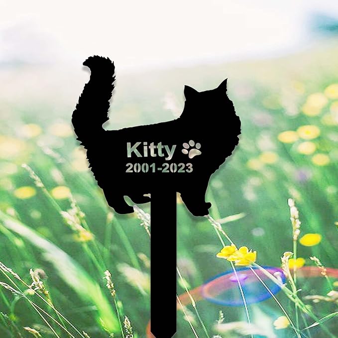 Custom Fluffy Metal Cat Memorial Grave Marker Personalized Remembrance Yard Stake